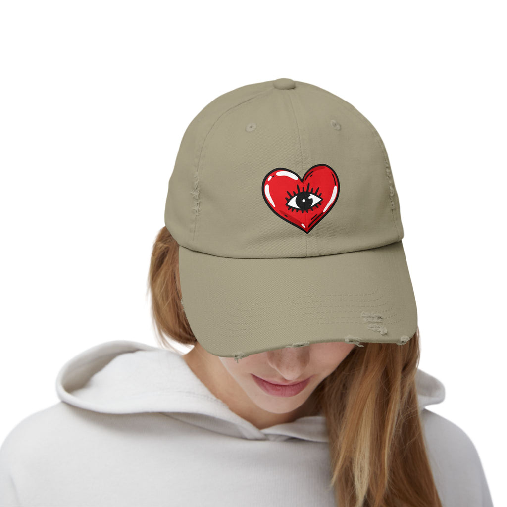 Distressed Baseball Cap — Red Heart with Eye Graphic