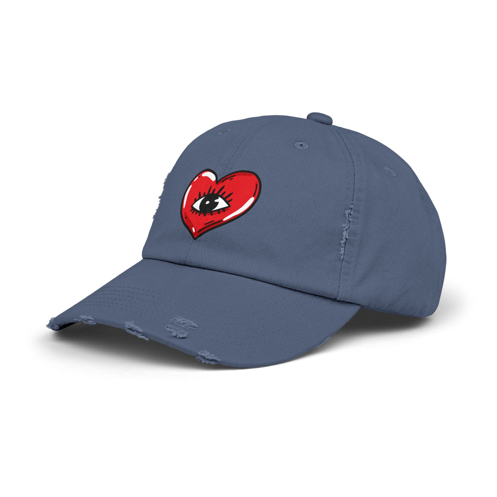 Distressed Baseball Cap — Red Heart with Eye Graphic