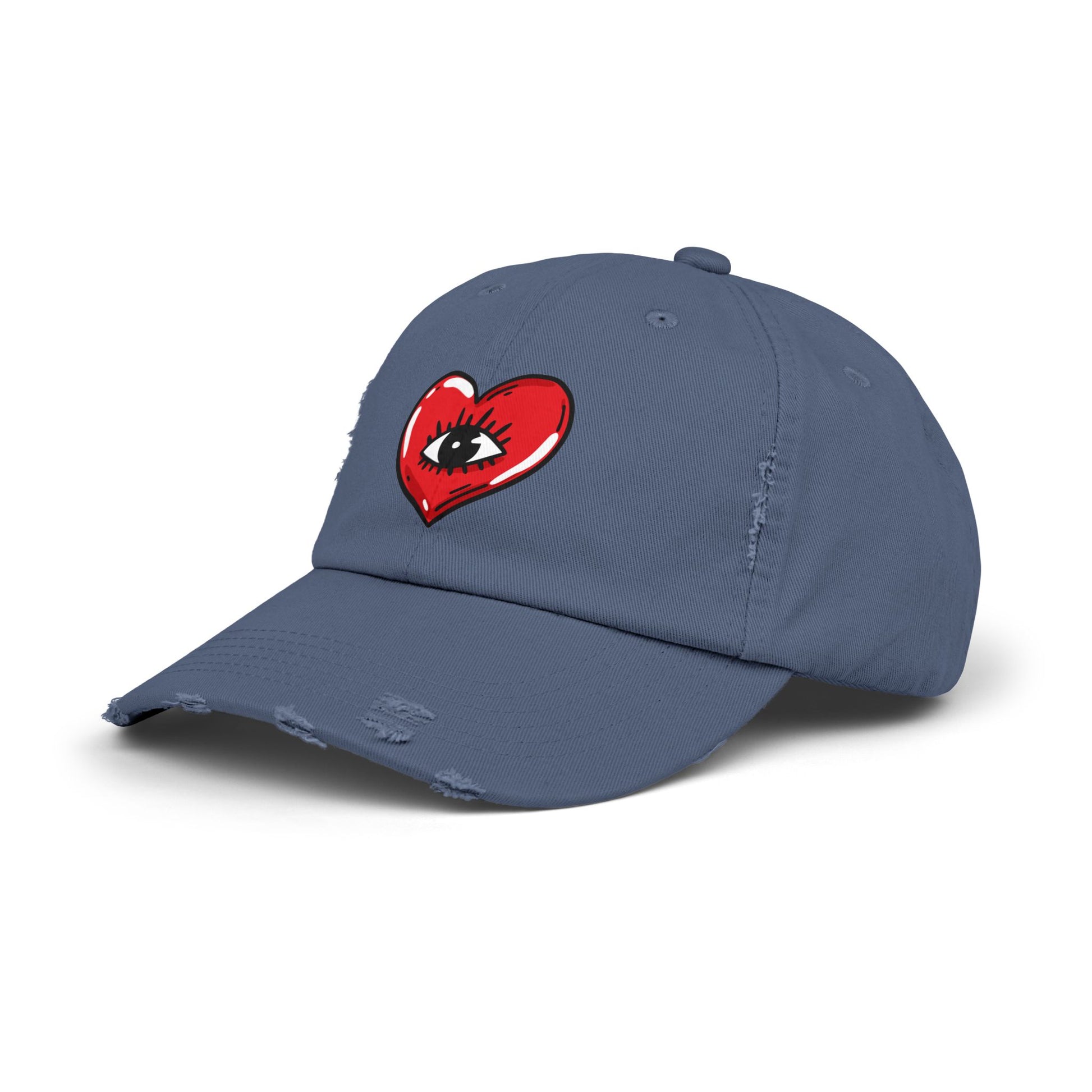 Distressed Baseball Cap — Red Heart with Eye Graphic