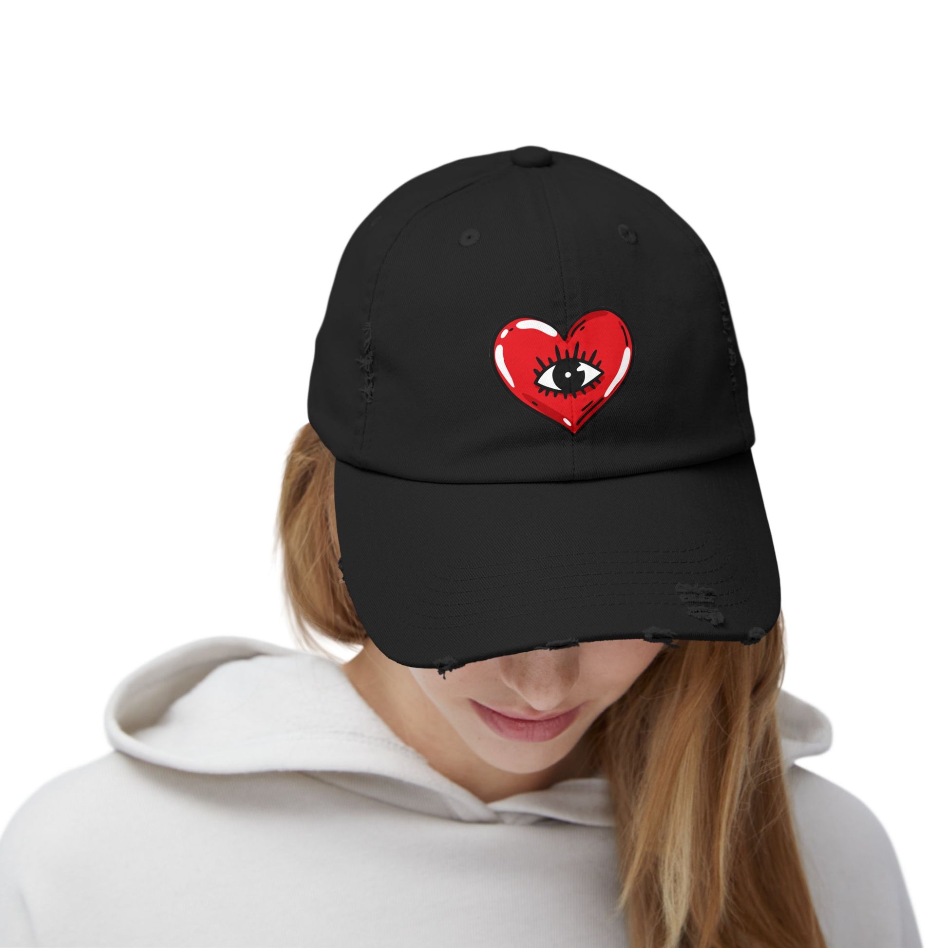 Distressed Baseball Cap — Red Heart with Eye Graphic