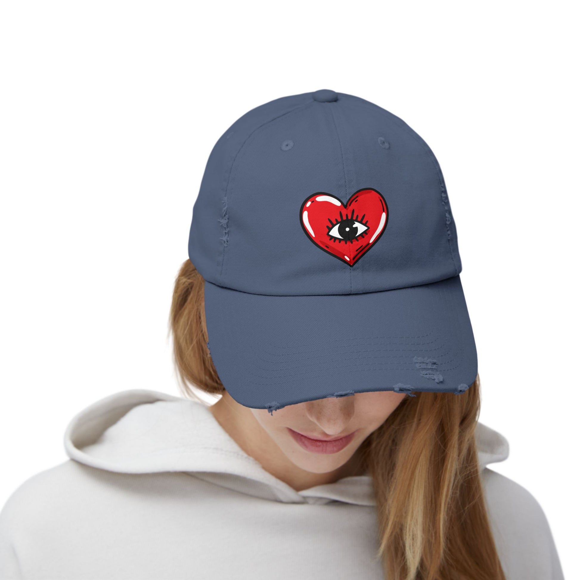 Distressed Baseball Cap — Red Heart with Eye Graphic