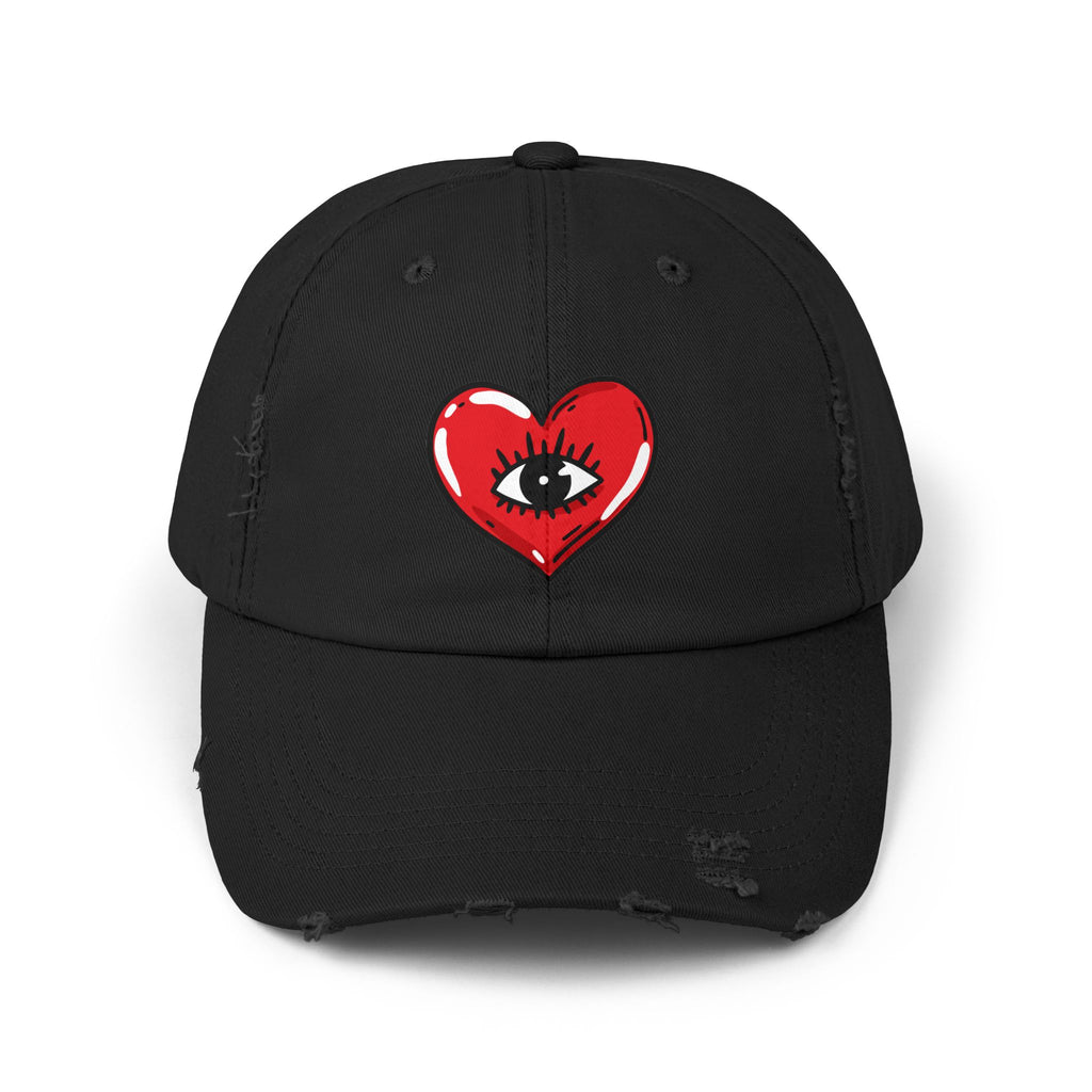 Distressed Baseball Cap — Red Heart with Eye Graphic