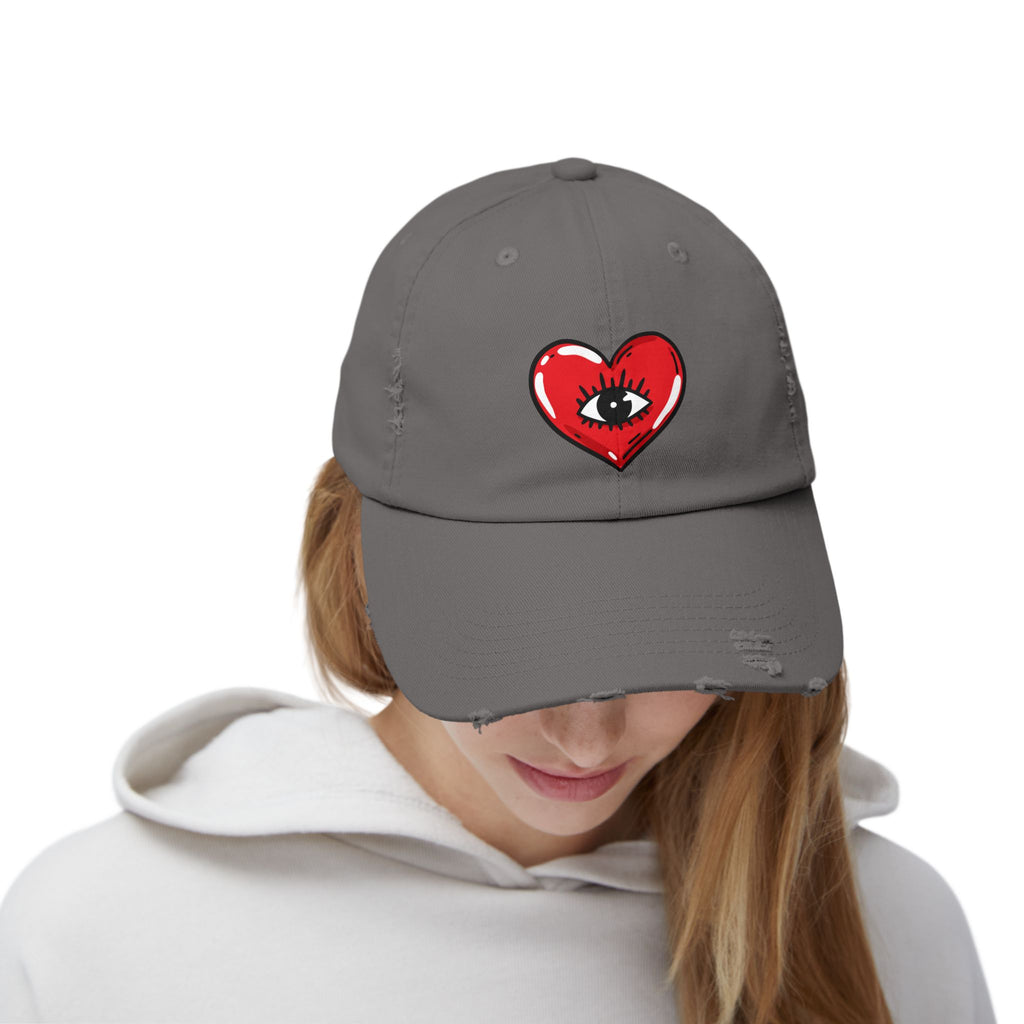 Distressed Baseball Cap — Red Heart with Eye Graphic