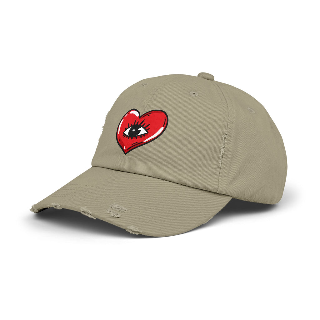 Distressed Baseball Cap — Red Heart with Eye Graphic
