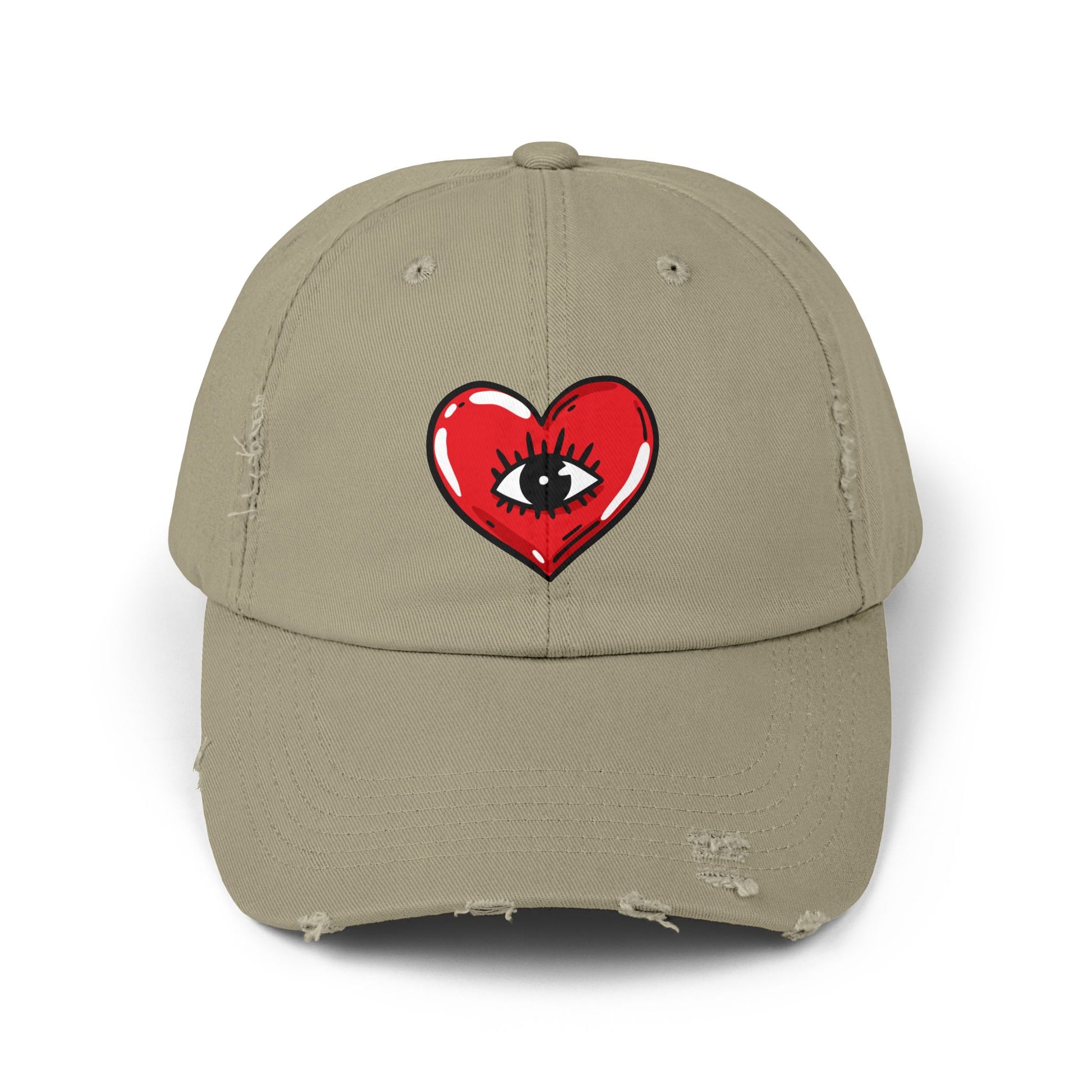 Distressed Baseball Cap — Red Heart with Eye Graphic