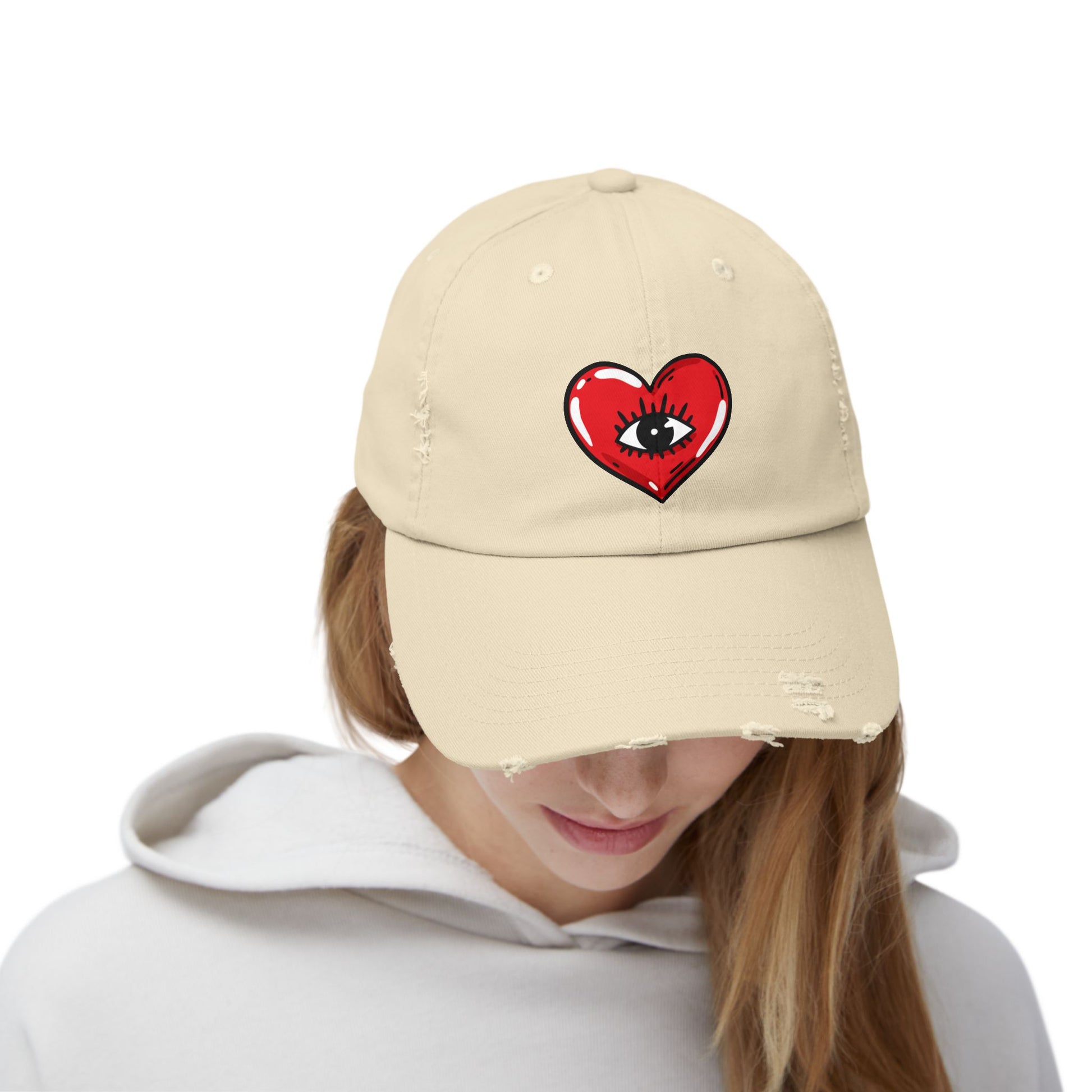 Distressed Baseball Cap — Red Heart with Eye Graphic