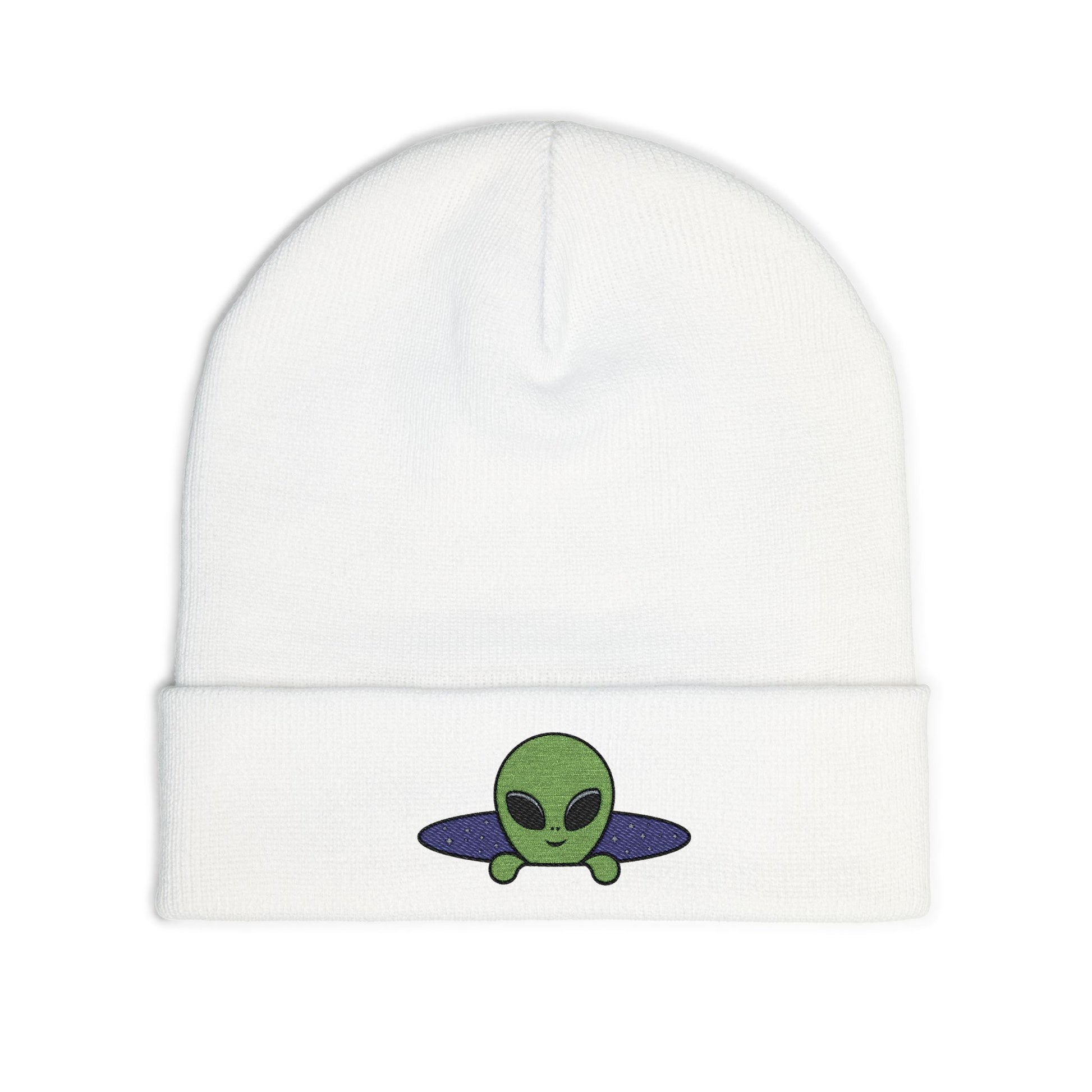 Alien UFO Embroidered Beanie — Cute Green Alien Knit Hat