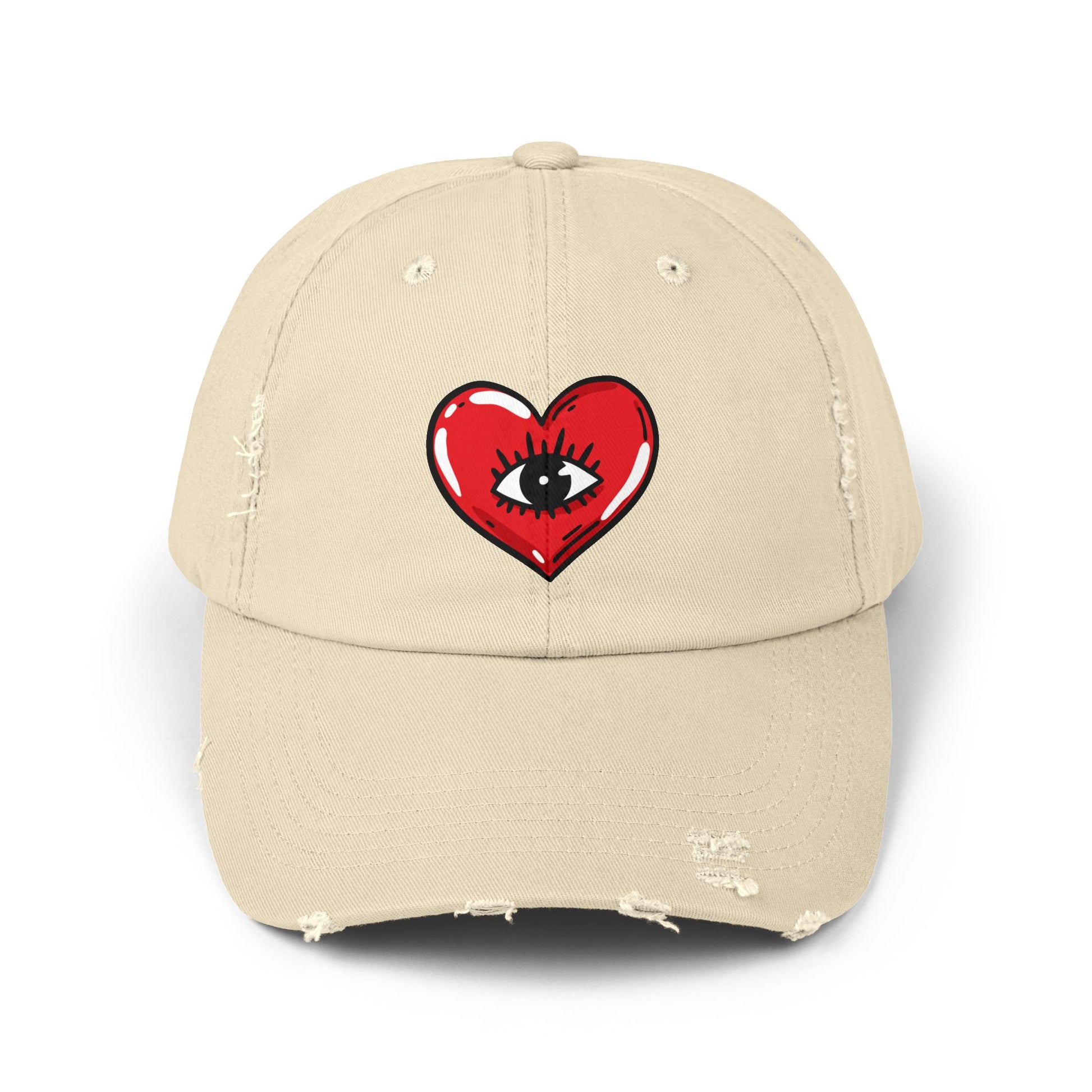 Distressed Baseball Cap — Red Heart with Eye Graphic