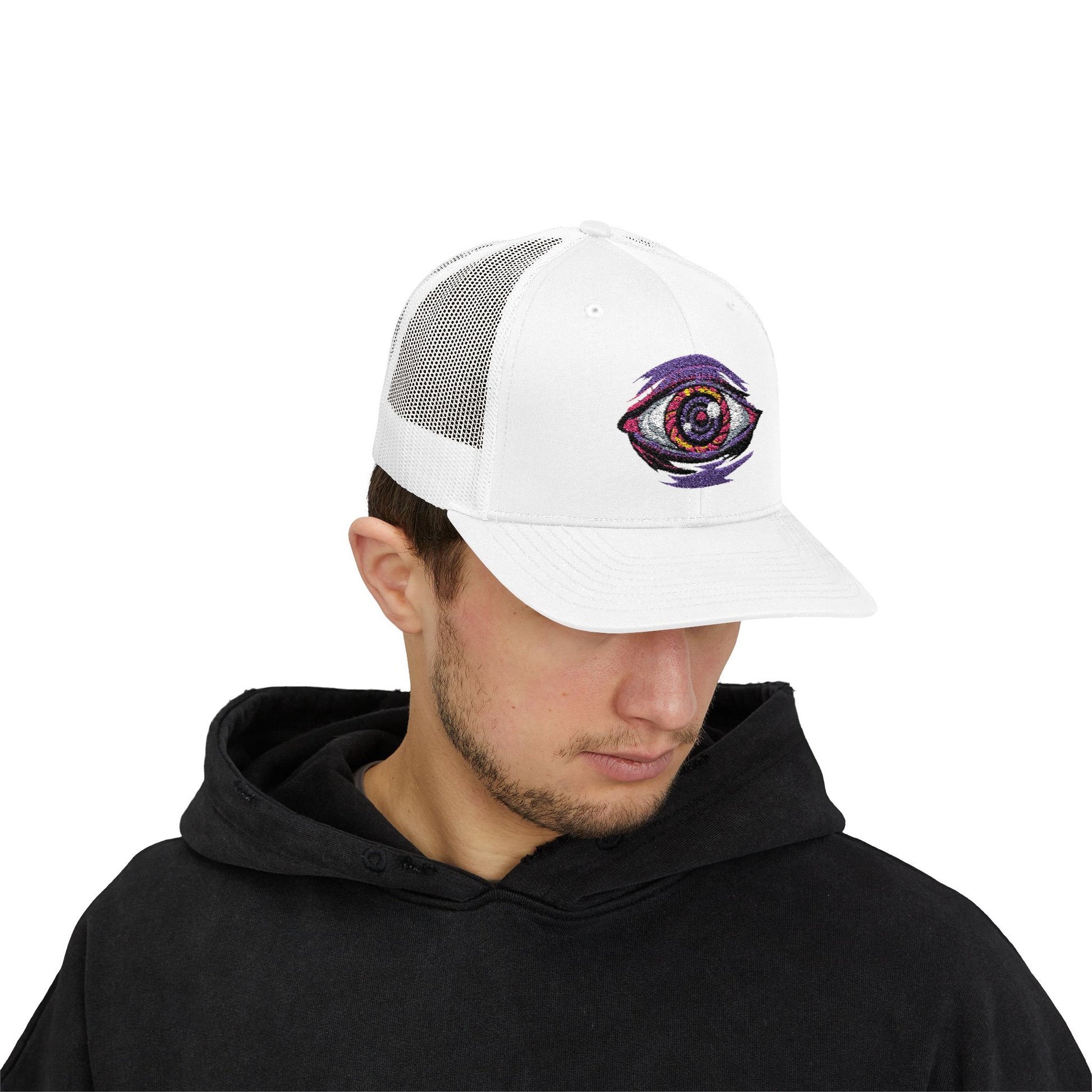 Eye Graphic Snapback Trucker Cap — Cosmic All-Seeing Design _.