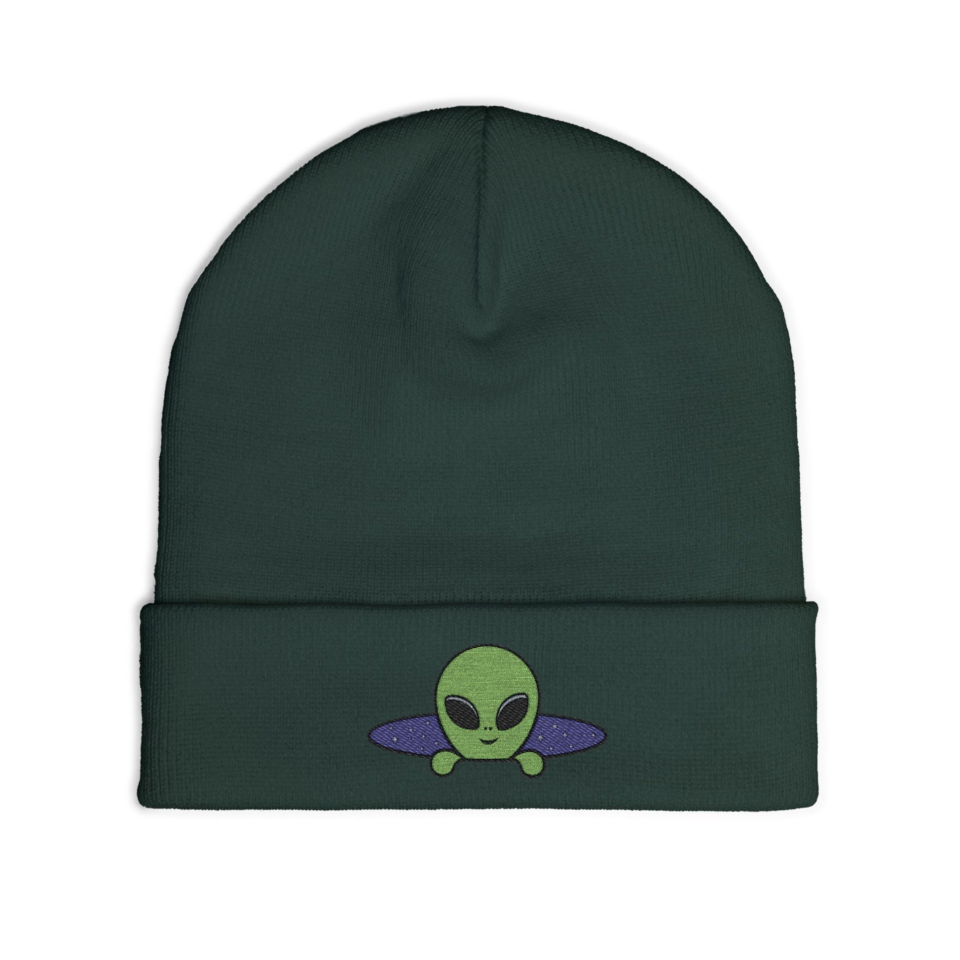 Alien UFO Embroidered Beanie — Cute Green Alien Knit Hat