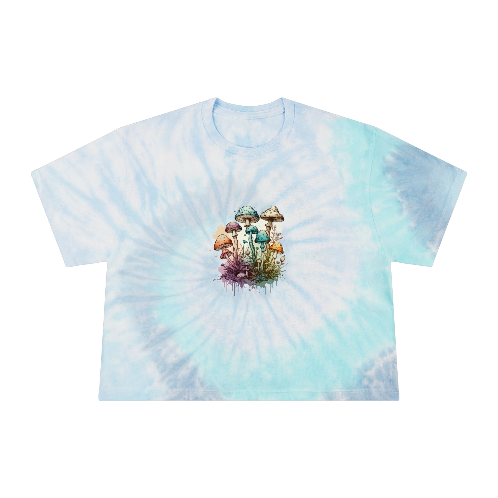 Mushroom Artwork Tie-Dye Crop Tee – Pastel Blue Psychedelic Graphic