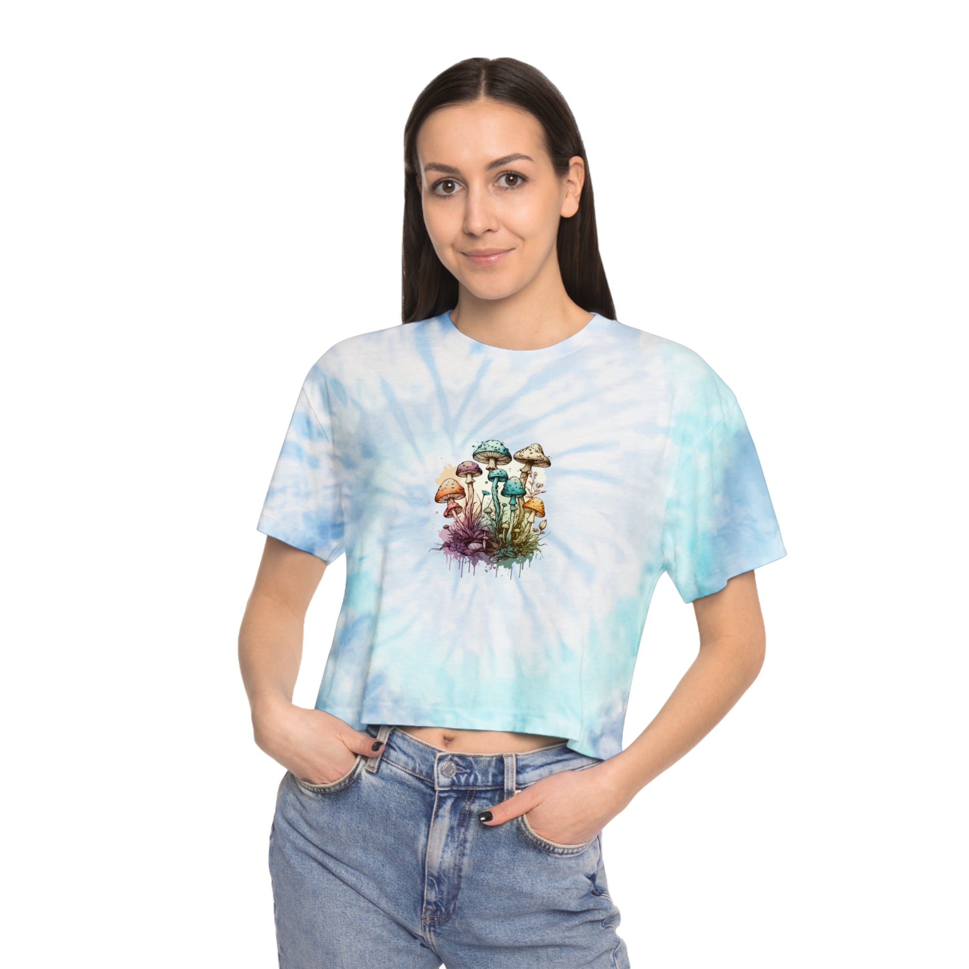 Mushroom Artwork Tie-Dye Crop Tee – Pastel Blue Psychedelic Graphic