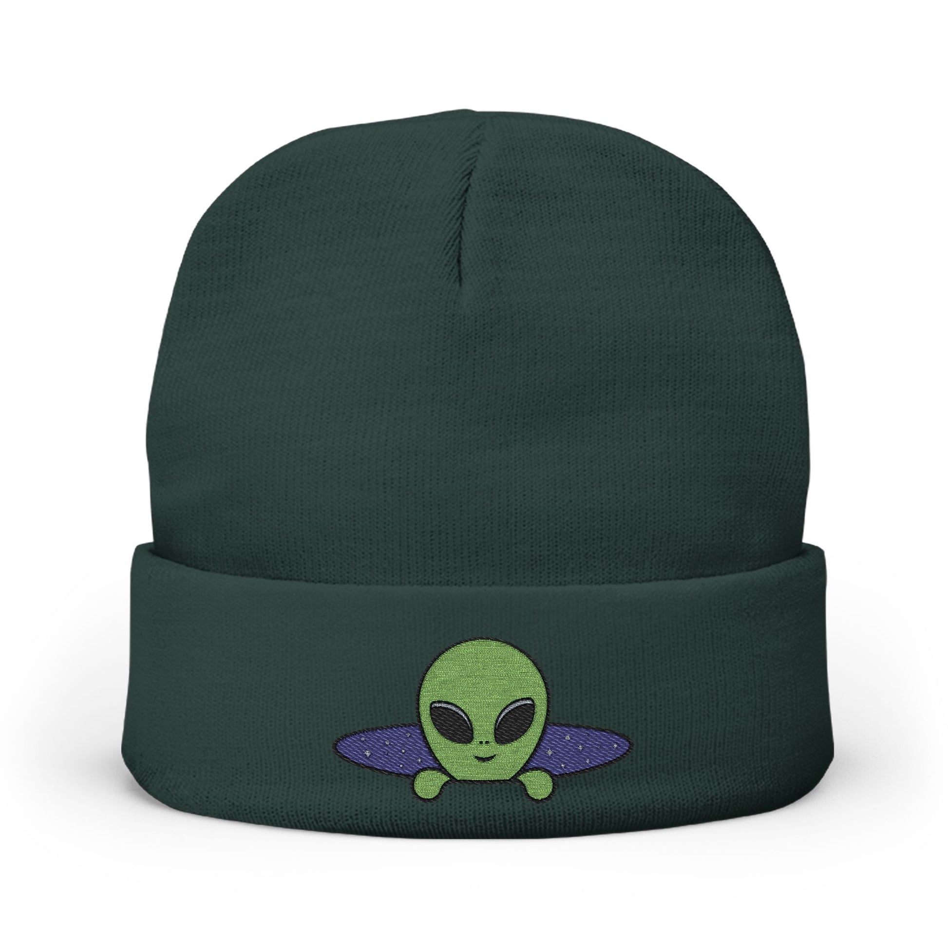Alien UFO Embroidered Beanie — Cute Green Alien Knit Hat