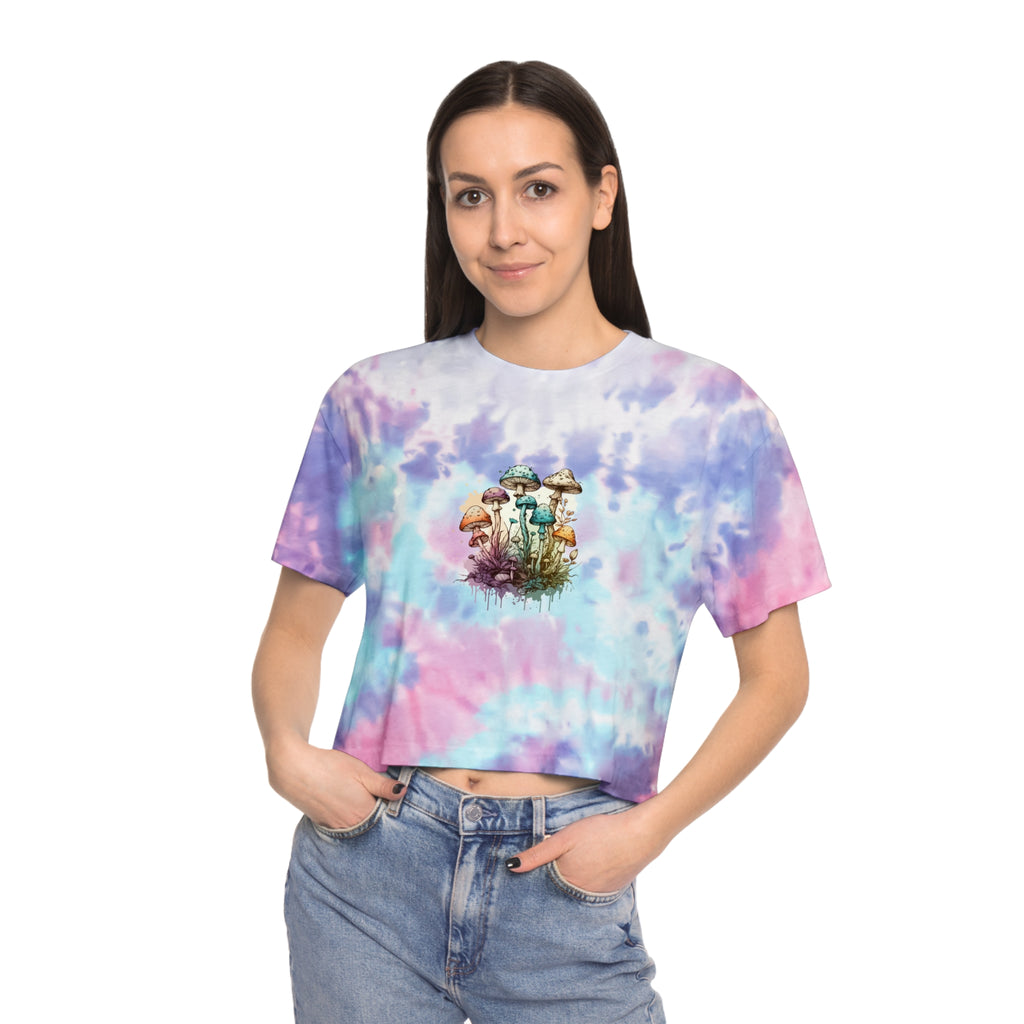 Mushroom Artwork Tie-Dye Crop Tee – Pastel Blue Psychedelic Graphic