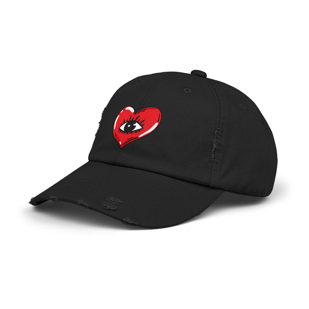 Distressed Baseball Cap — Red Heart with Eye Graphic