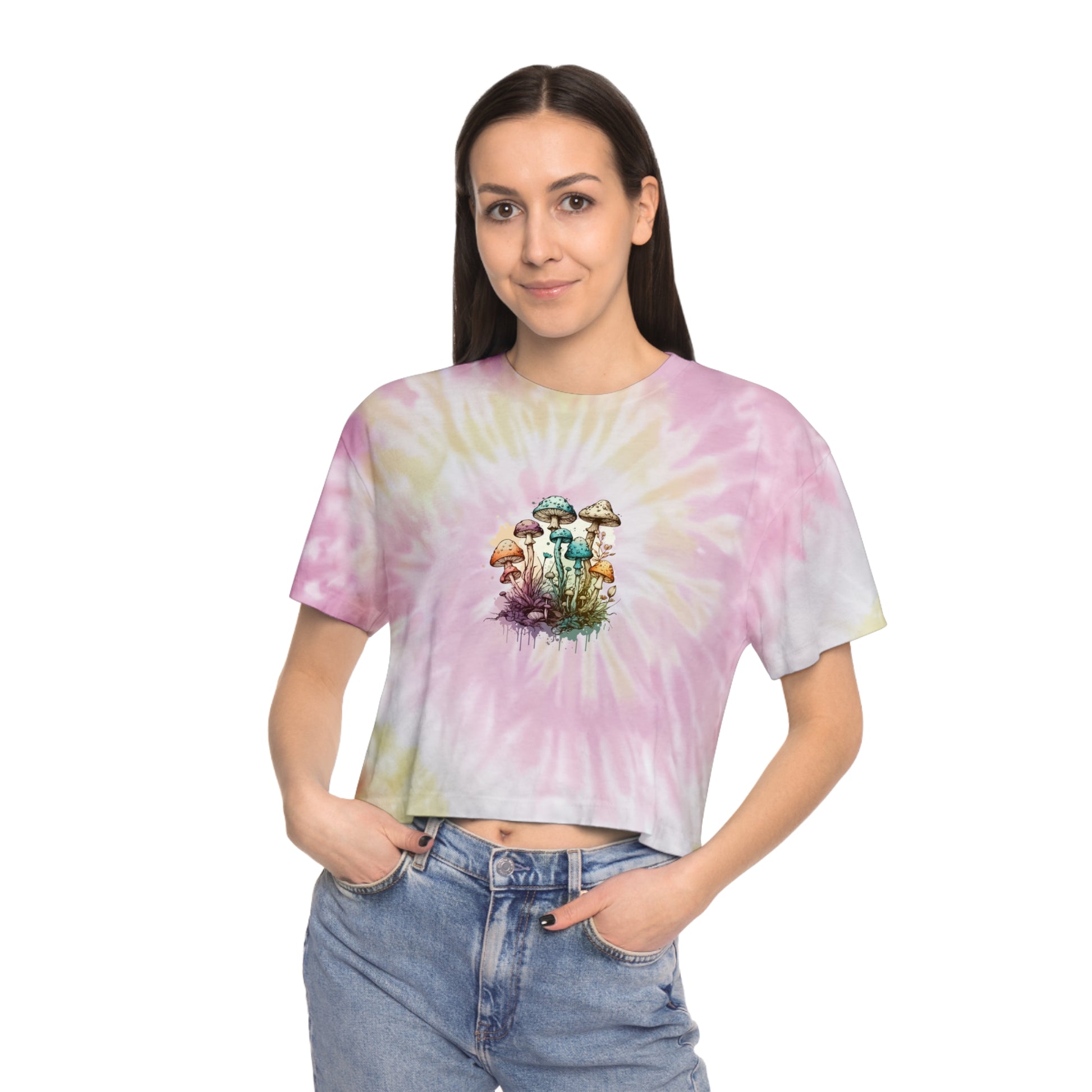 Mushroom Artwork Tie-Dye Crop Tee – Pastel Blue Psychedelic Graphic