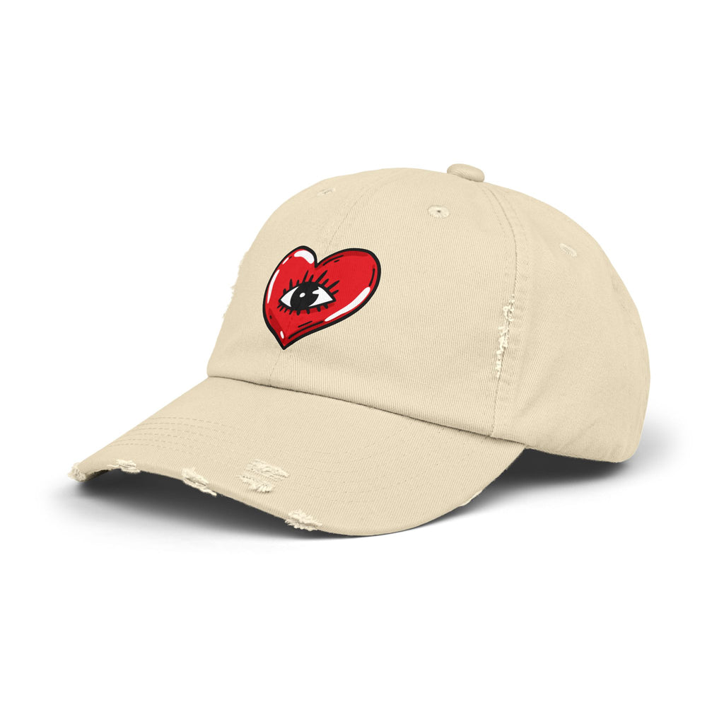 Distressed Baseball Cap — Red Heart with Eye Graphic