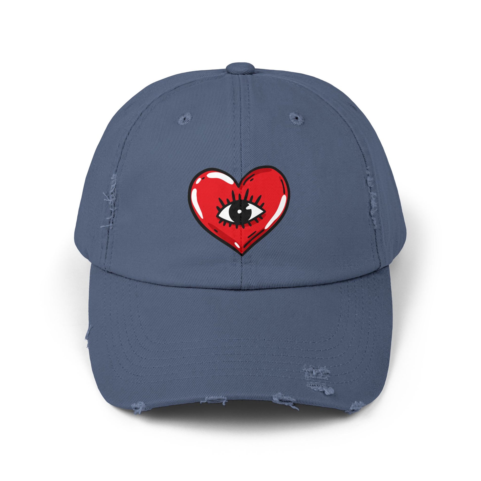 Distressed Baseball Cap — Red Heart with Eye Graphic