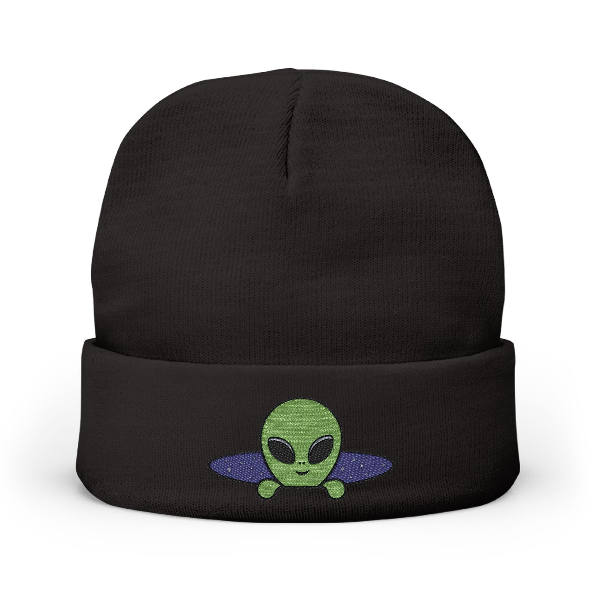 Alien UFO Embroidered Beanie — Cute Green Alien Knit Hat