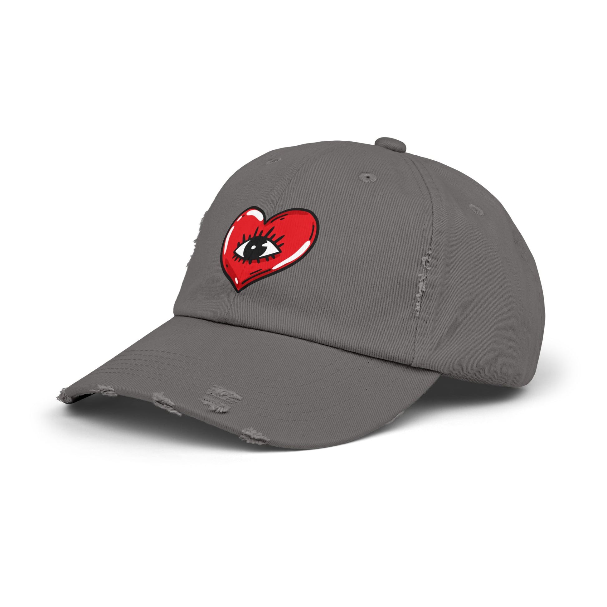 Distressed Baseball Cap — Red Heart with Eye Graphic