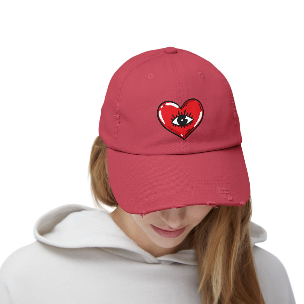 Distressed Baseball Cap — Red Heart with Eye Graphic