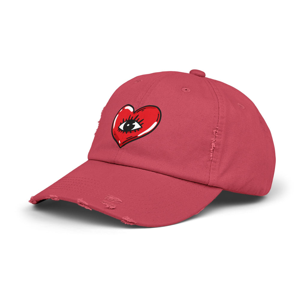 Distressed Baseball Cap — Red Heart with Eye Graphic